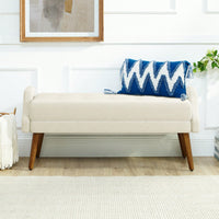 Contemporary Beige Living Room Bench with Soft Cushion, Unique Armrests, and Rubber Wood Legs for Living Rooms, Bedrooms, and Entrances
