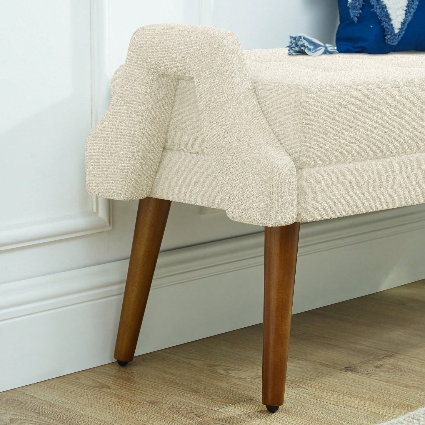 Contemporary Beige Living Room Bench with Soft Cushion, Unique Armrests, and Rubber Wood Legs for Living Rooms, Bedrooms, and Entrances