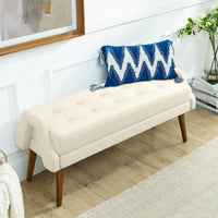 Contemporary Beige Living Room Bench with Soft Cushion, Unique Armrests, and Rubber Wood Legs for Living Rooms, Bedrooms, and Entrances