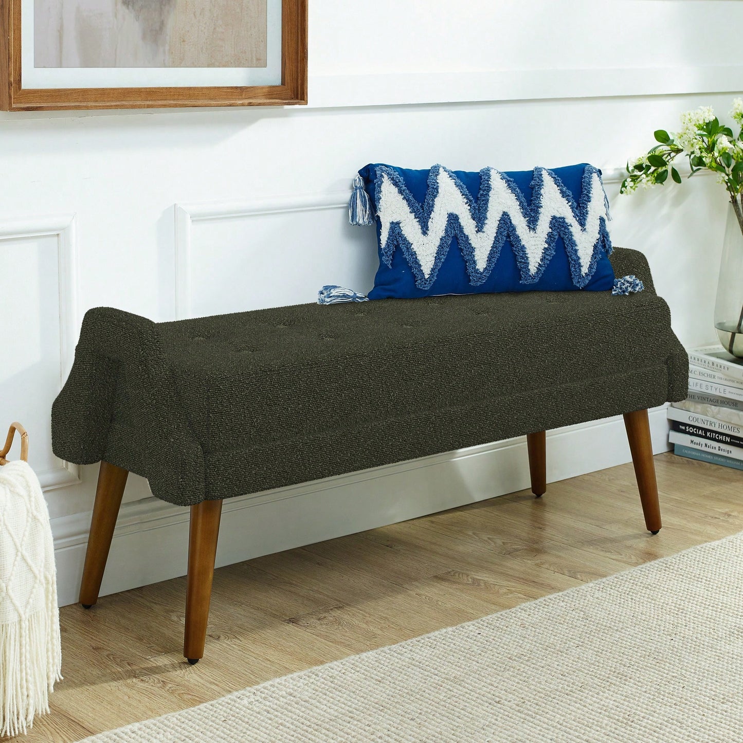 Contemporary Beige Living Room Bench with Soft Cushion, Unique Armrests, and Rubber Wood Legs for Living Rooms, Bedrooms, and Entrances