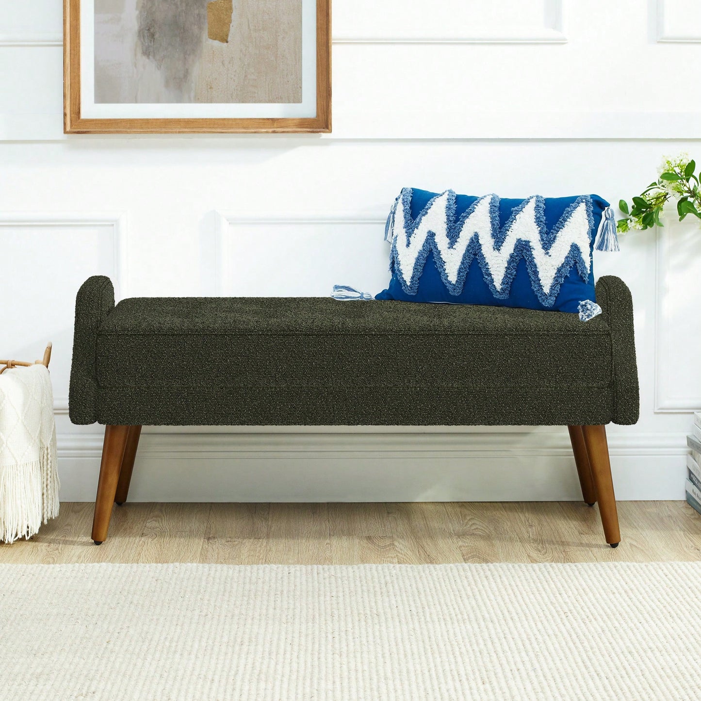 Contemporary Beige Living Room Bench with Soft Cushion, Unique Armrests, and Rubber Wood Legs for Living Rooms, Bedrooms, and Entrances