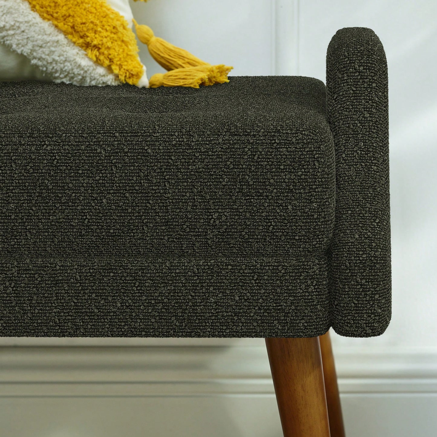 Contemporary Beige Living Room Bench with Soft Cushion, Unique Armrests, and Rubber Wood Legs for Living Rooms, Bedrooms, and Entrances