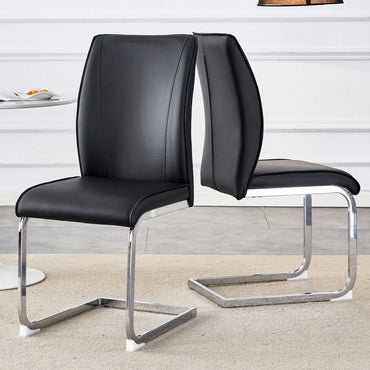 Elegant Black PU Dining Chairs With High Resilience And Arched Silver Metal Legs - Set Of 2