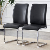 Elegant Black PU Dining Chairs With High Resilience And Arched Silver Metal Legs - Set Of 2