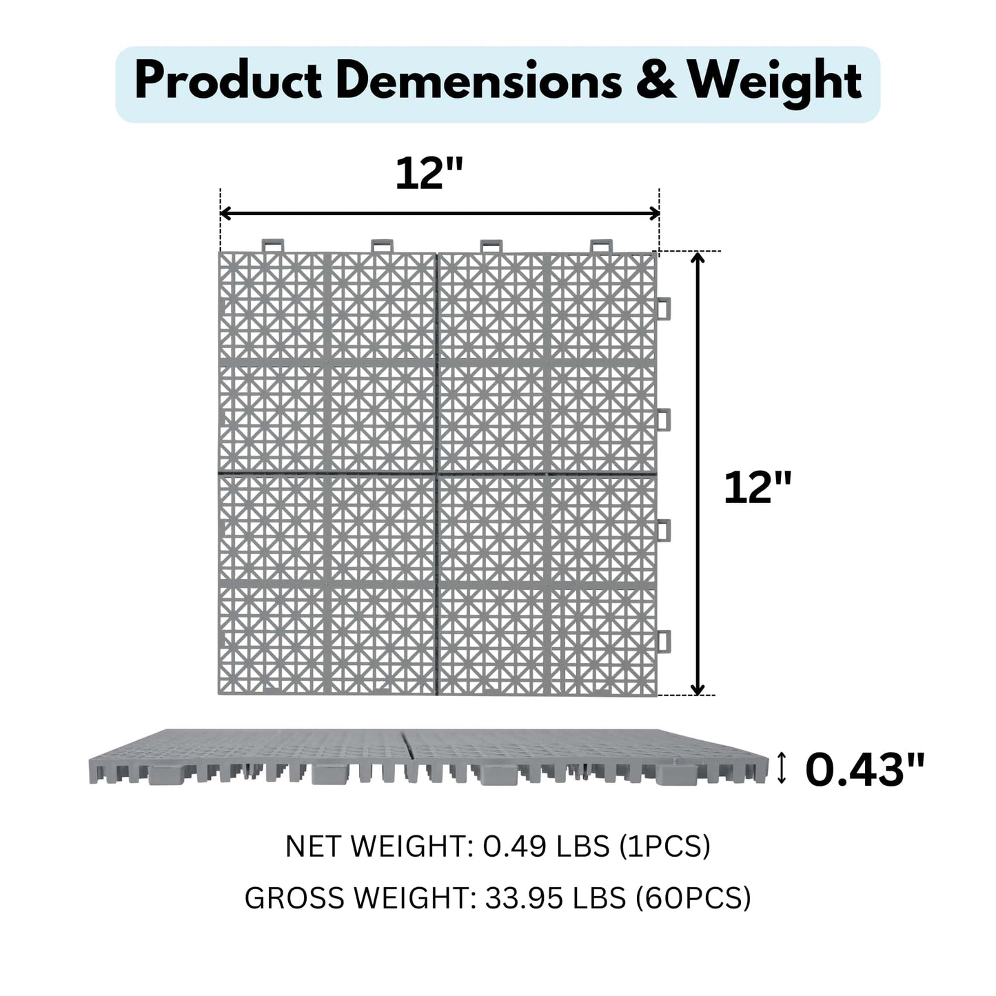 12x12 Inch Gray Interlocking Deck Tiles Waterproof Anti-Slip for Outdoor Bathroom Shower Balcony Porch Strong 6613 Lbs Capacity Pack of 60