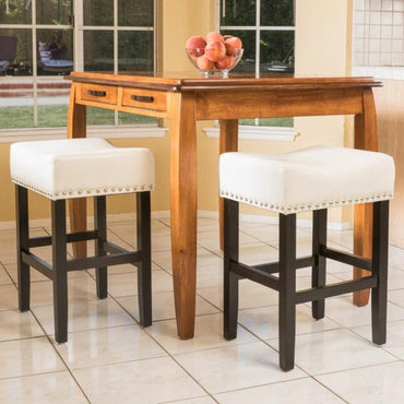 Set Of 2 26-Inch Backless Ivory Leather Counter Stools For Kitchen And Bar Seating