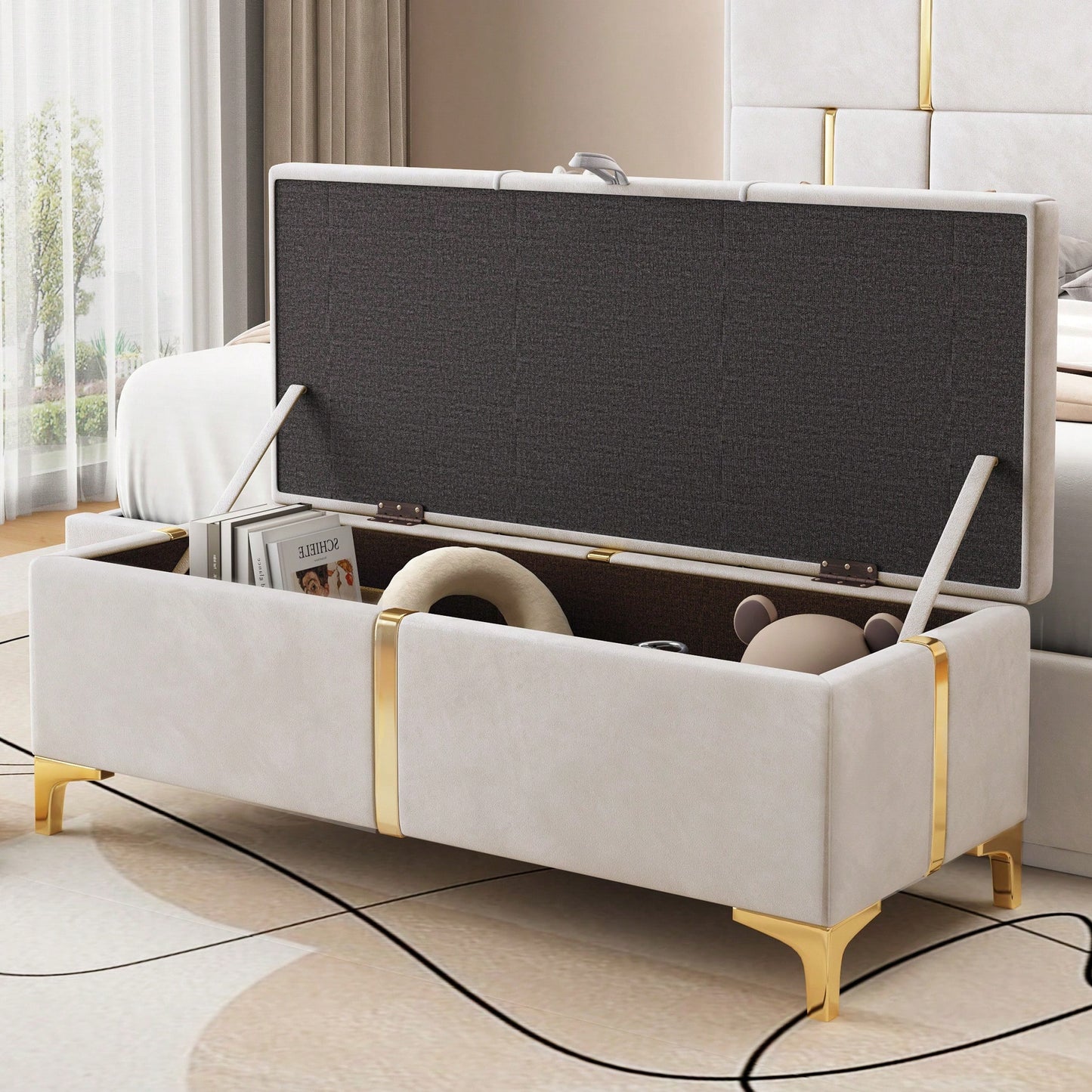 Elegant Beige Upholstered Storage Ottoman With Metal Legs For Living Room And Bedroom Fully Assembled Except Legs