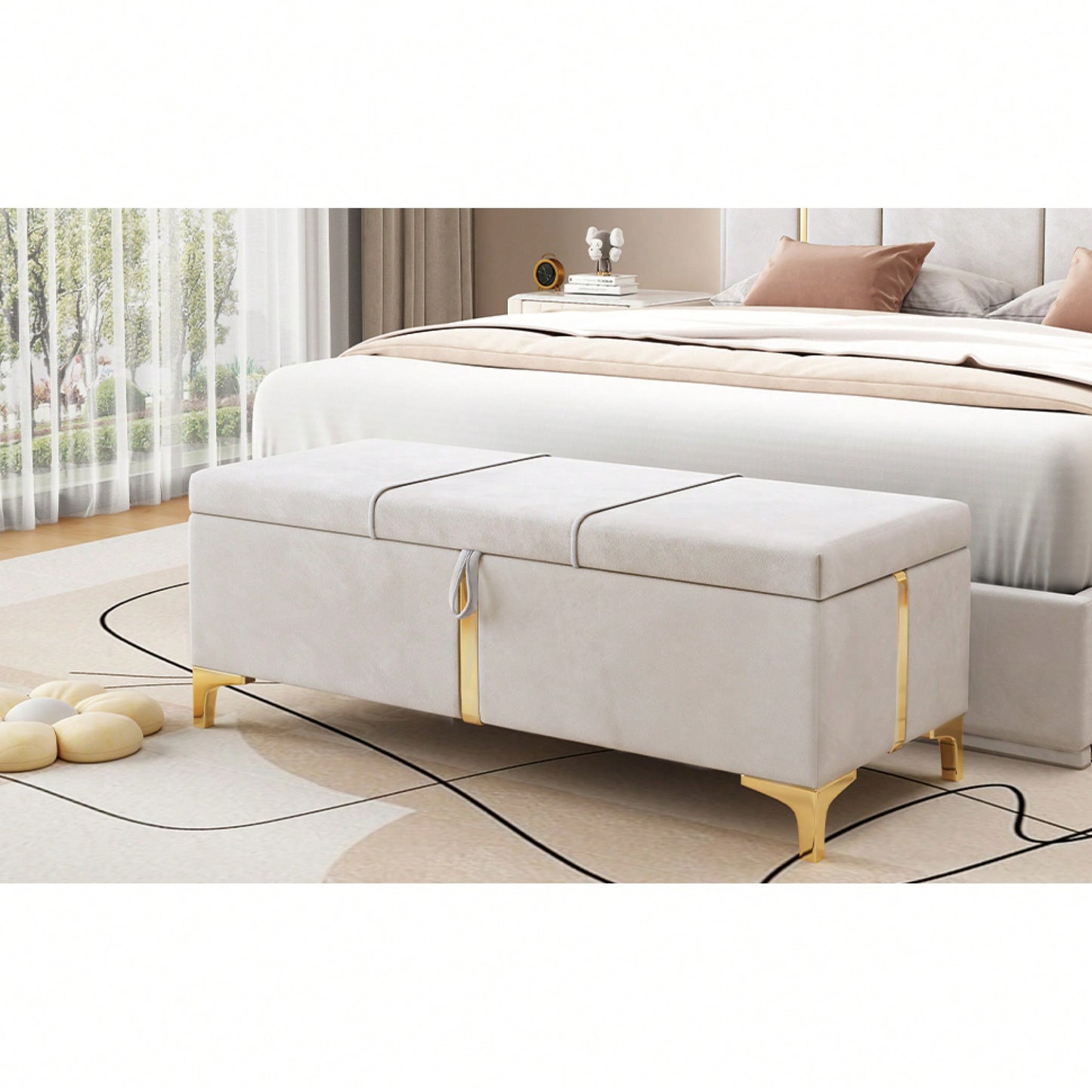 Elegant Beige Upholstered Storage Ottoman With Metal Legs For Living Room And Bedroom Fully Assembled Except Legs