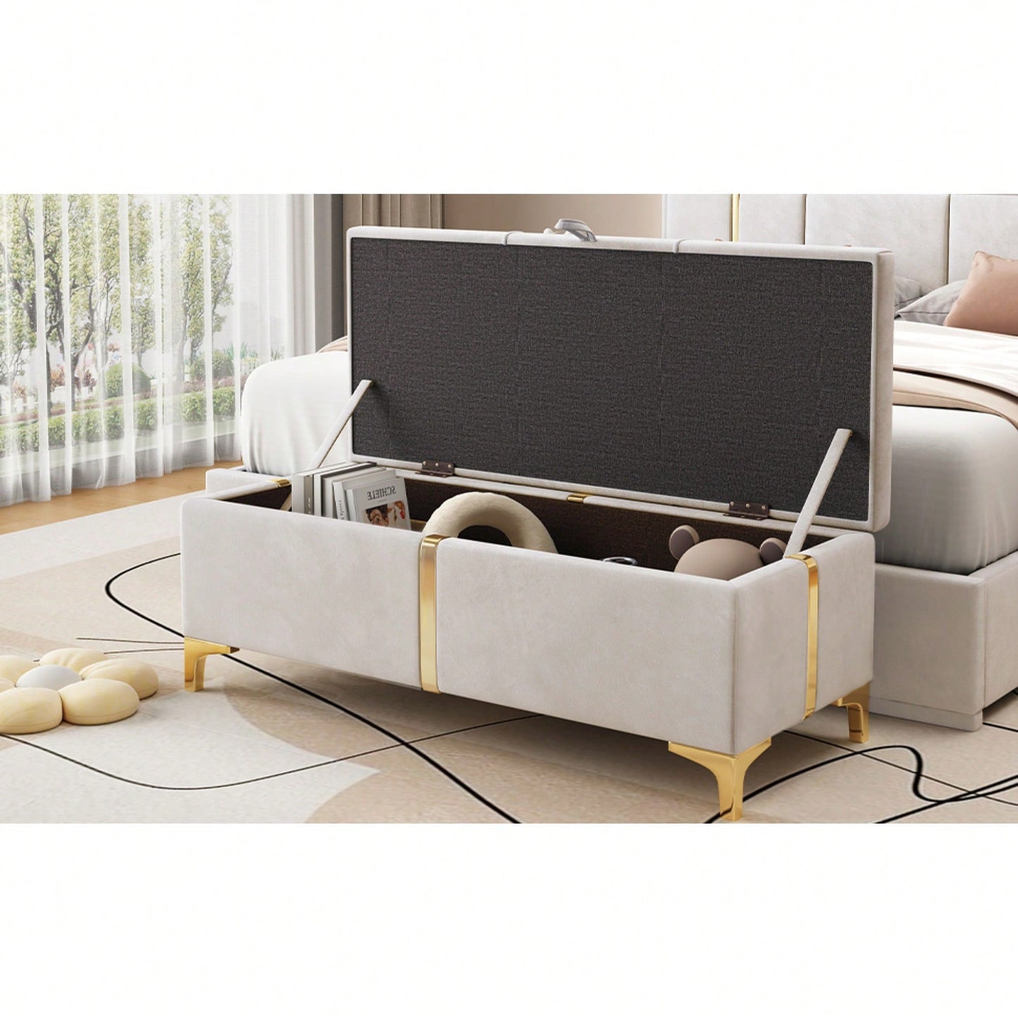 Elegant Beige Upholstered Storage Ottoman With Metal Legs For Living Room And Bedroom Fully Assembled Except Legs