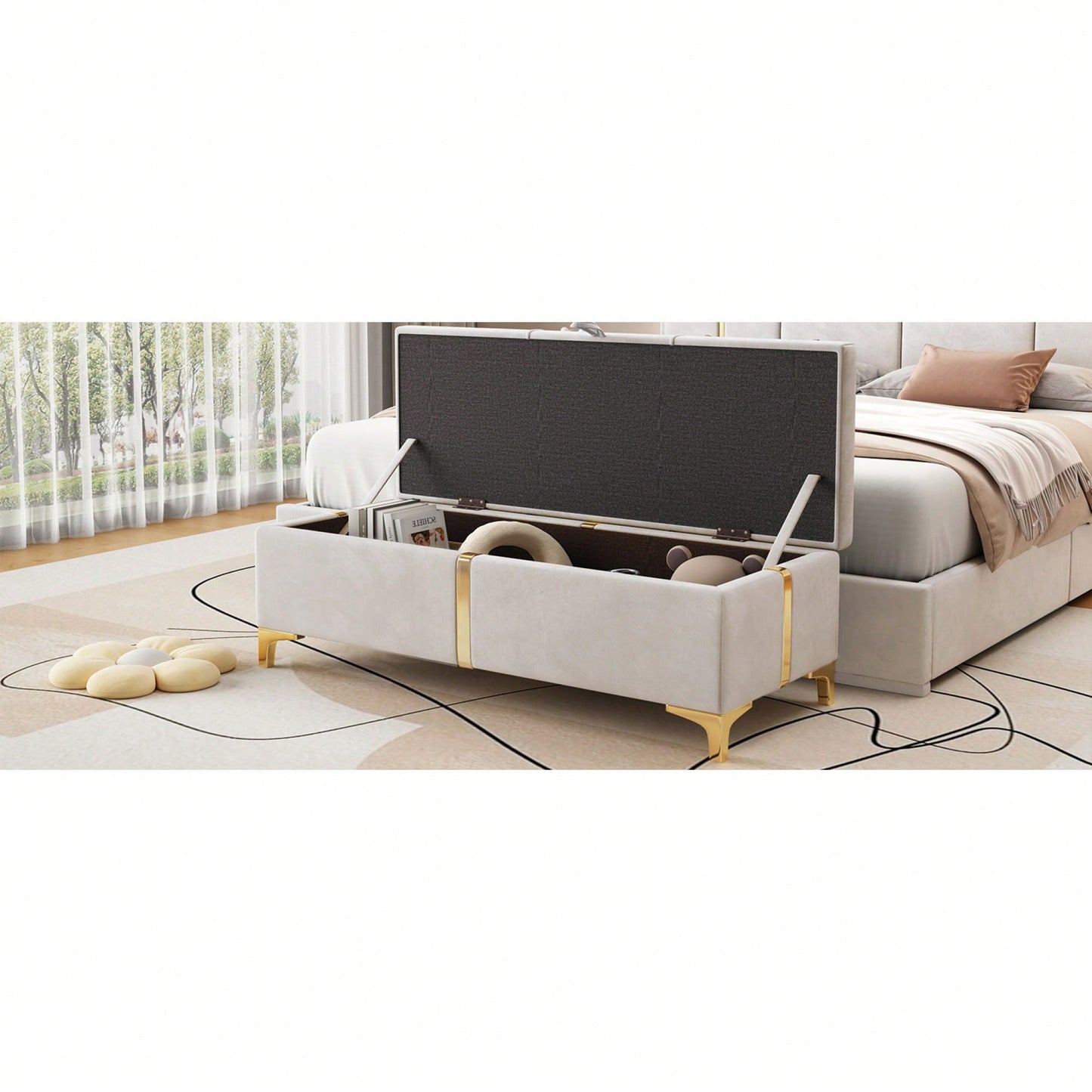 Elegant Beige Upholstered Storage Ottoman With Metal Legs For Living Room And Bedroom Fully Assembled Except Legs