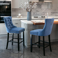 Contemporary Velvet Barstools With Button Tufting And Wooden Legs, Chrome Nailhead Trim, Set Of 2 In Blue, Stylish Leisure Seating
