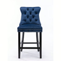 Contemporary Velvet Barstools With Button Tufting And Wooden Legs, Chrome Nailhead Trim, Set Of 2 In Blue, Stylish Leisure Seating