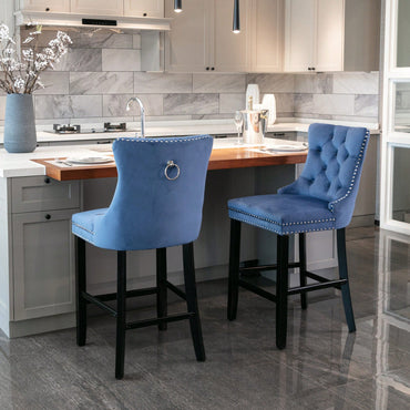Contemporary Velvet Barstools With Button Tufting And Wooden Legs, Chrome Nailhead Trim, Set Of 2 In Blue, Stylish Leisure Seating