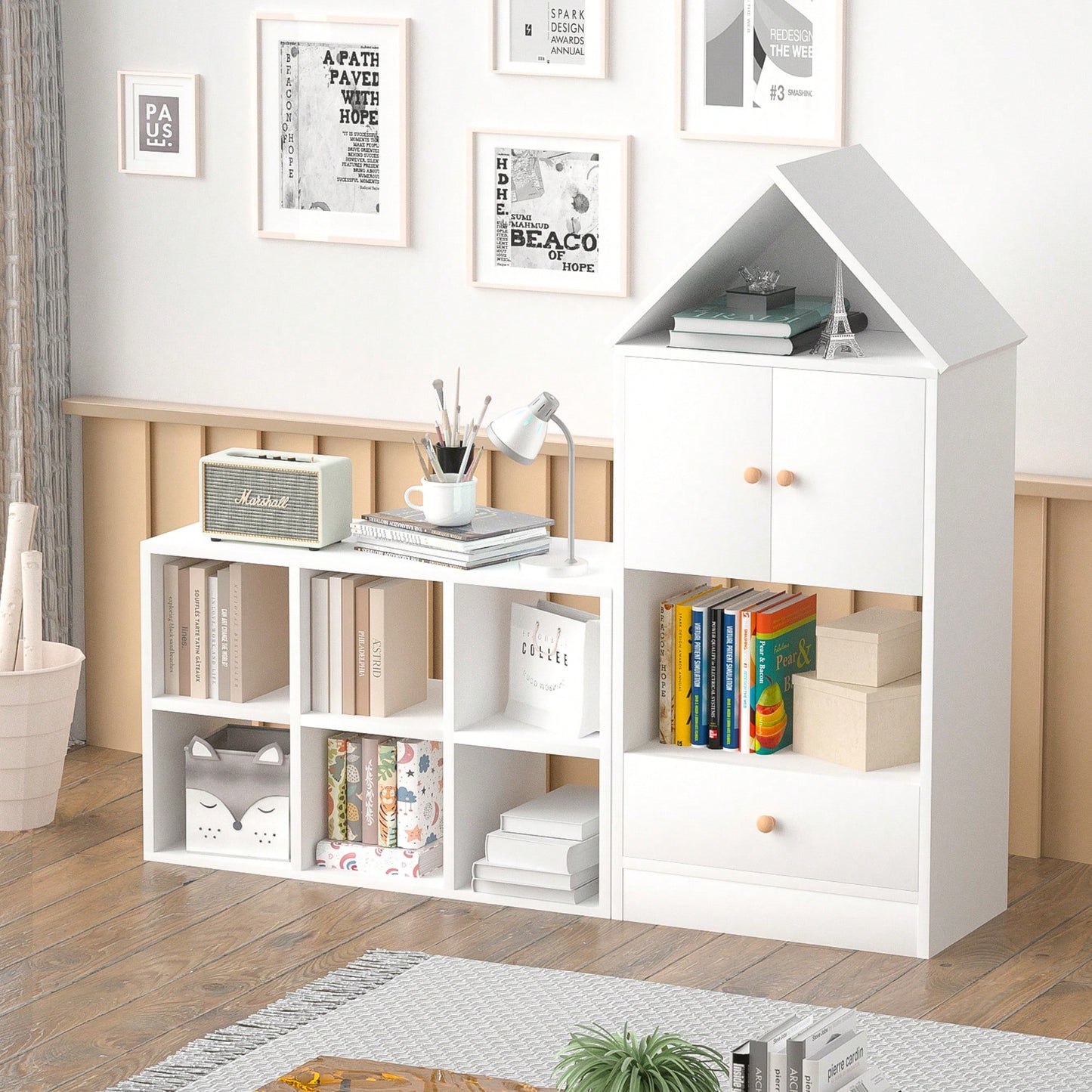 House-Shaped Kids Bookshelf And Organizer With Adjustable Design For Playroom Or Bedroom Easy Assembly And Safe For Children