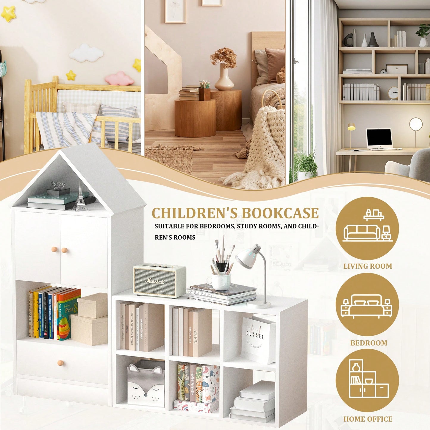 House-Shaped Kids Bookshelf And Organizer With Adjustable Design For Playroom Or Bedroom Easy Assembly And Safe For Children