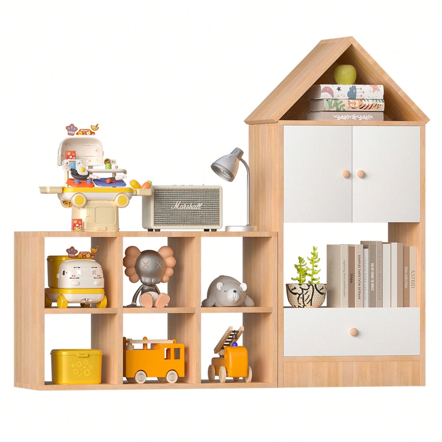 House-Shaped Kids Bookshelf And Organizer With Adjustable Design For Playroom Or Bedroom Easy Assembly And Safe For Children