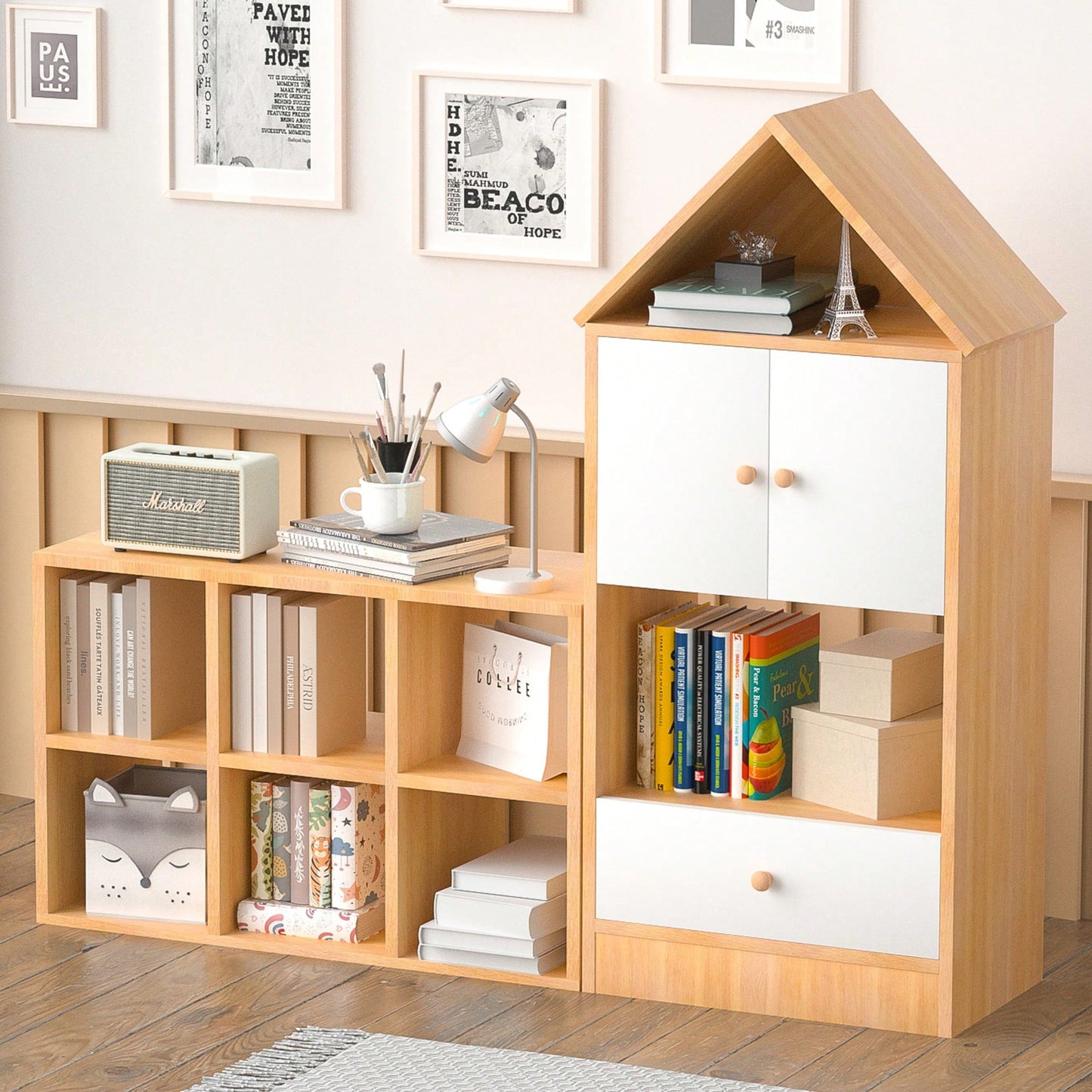 House-Shaped Kids Bookshelf And Organizer With Adjustable Design For Playroom Or Bedroom Easy Assembly And Safe For Children
