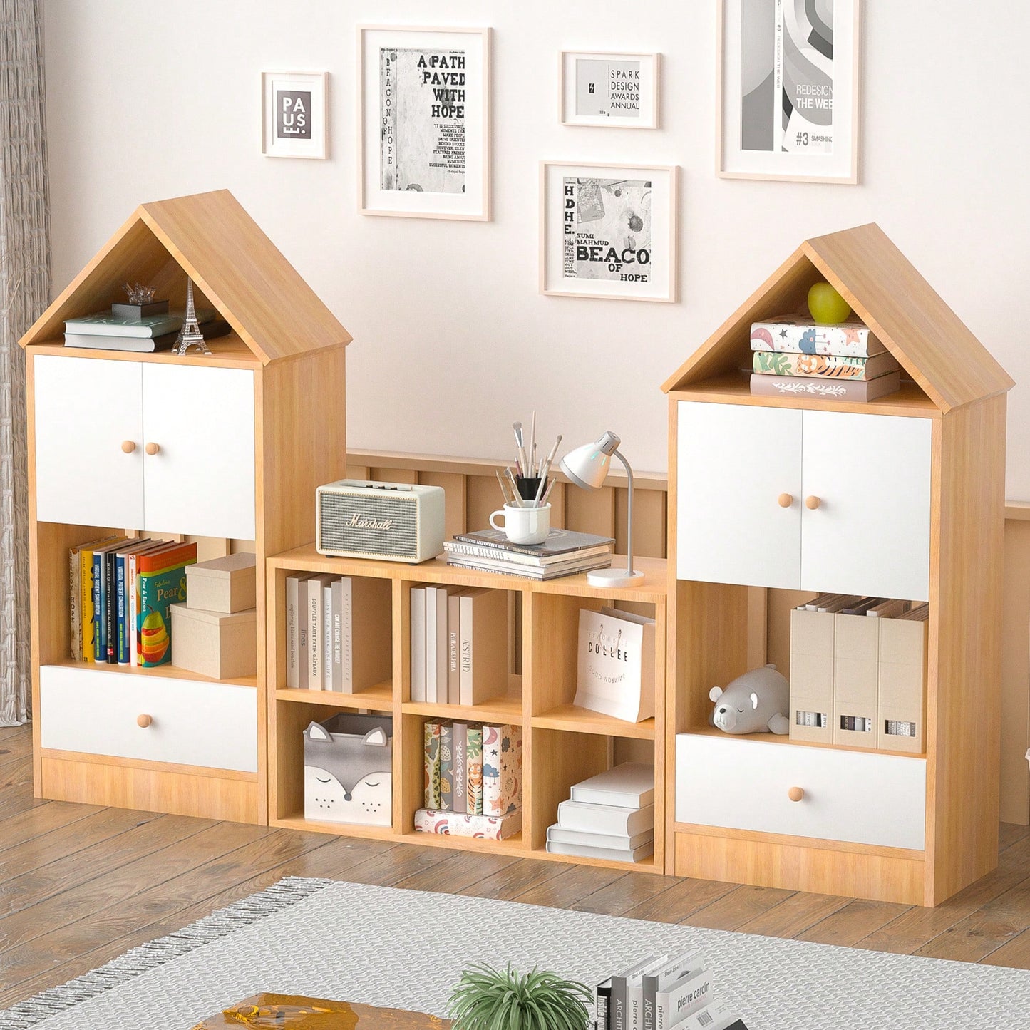 House-Shaped Kids Bookshelf Multi-Functional Storage Adjustable Durable Organizer for Playroom or Bedroom Easy to Assemble Safe for Children