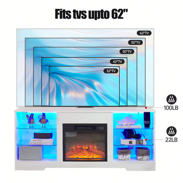 Modern Electric Fireplace TV Stand With Glass Shelves And LED Lights For TVs Up To 62 Inches, USB Charging Outlet, Black 58W X 15.5D X 24.4H