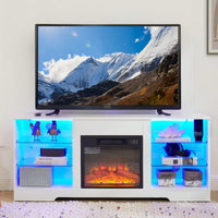 Modern Electric Fireplace TV Stand With Glass Shelves And LED Lights For TVs Up To 62 Inches, USB Charging Outlet, Black 58W X 15.5D X 24.4H