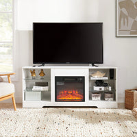 Modern Electric Fireplace TV Stand With Glass Shelves And LED Lights For TVs Up To 62 Inches, USB Charging Outlet, Black 58W X 15.5D X 24.4H