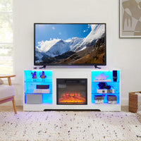 Modern Electric Fireplace TV Stand With Glass Shelves And LED Lights For TVs Up To 62 Inches, USB Charging Outlet, Black 58W X 15.5D X 24.4H