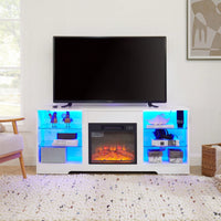 Modern Electric Fireplace TV Stand With Glass Shelves And LED Lights For TVs Up To 62 Inches, USB Charging Outlet, Black 58W X 15.5D X 24.4H