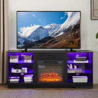 Modern Electric Fireplace TV Stand With Glass Shelves And LED Lights For TVs Up To 62 Inches, USB Charging Outlet, Black 58W X 15.5D X 24.4H