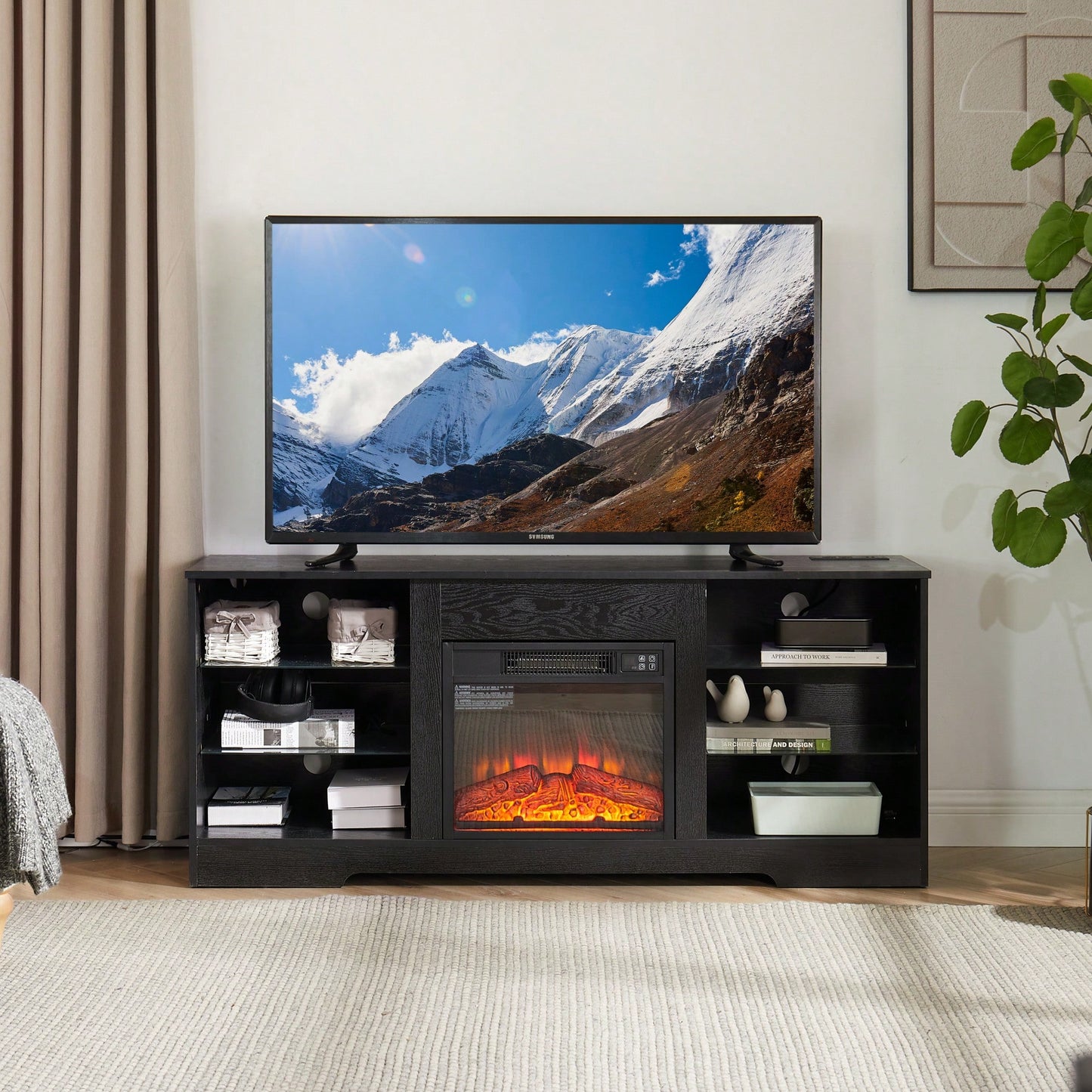 Modern Electric Fireplace TV Stand With Glass Shelves And LED Lights For TVs Up To 62 Inches, USB Charging Outlet, Black 58W X 15.5D X 24.4H