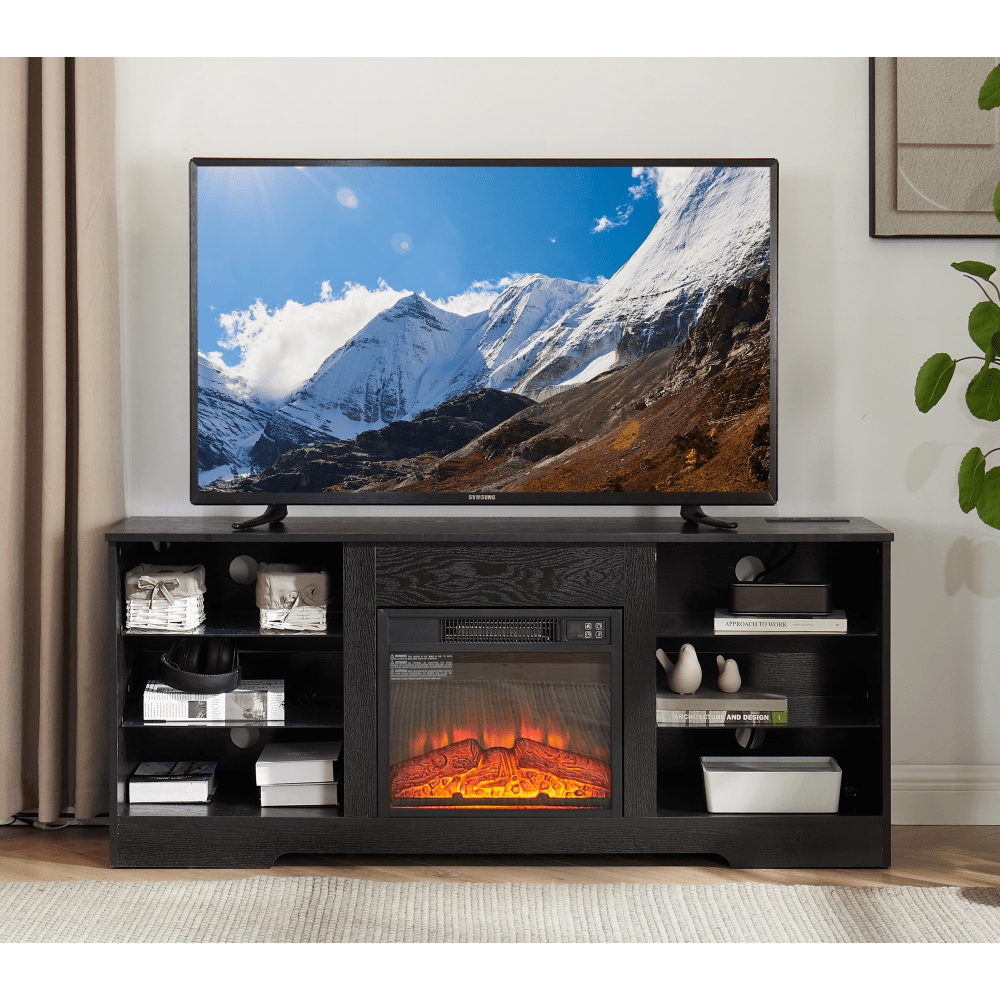 Modern Electric Fireplace TV Stand With Glass Shelves And LED Lights For TVs Up To 62 Inches, USB Charging Outlet, Black 58W X 15.5D X 24.4H