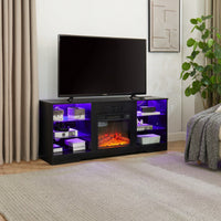 Modern Electric Fireplace TV Stand With Glass Shelves And LED Lights For TVs Up To 62 Inches, USB Charging Outlet, Black 58W X 15.5D X 24.4H