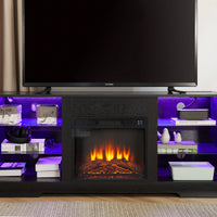 Modern Electric Fireplace TV Stand With Glass Shelves And LED Lights For TVs Up To 62 Inches, USB Charging Outlet, Black 58W X 15.5D X 24.4H