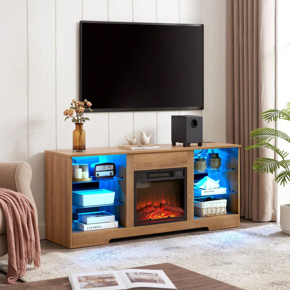 Modern TV Stand With Electric Fireplace And Glass Shelves For TVs Up To 62 Inches, LED Lighting And USB Charging Outlet, Oak Finish