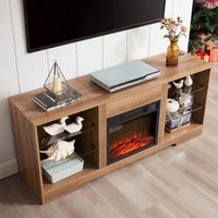 Modern TV Stand With Electric Fireplace And Glass Shelves For TVs Up To 62 Inches, LED Lighting And USB Charging Outlet, Oak Finish