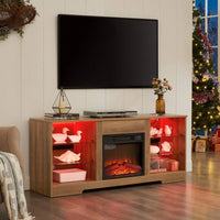 Modern TV Stand With Electric Fireplace And Glass Shelves For TVs Up To 62 Inches, LED Lighting And USB Charging Outlet, Oak Finish