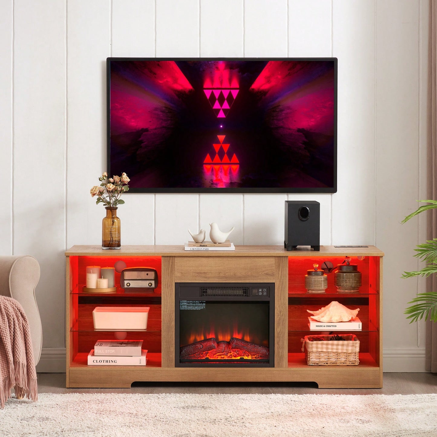 Modern TV Stand With Electric Fireplace And Glass Shelves For TVs Up To 62 Inches, LED Lighting And USB Charging Outlet, Oak Finish