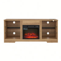 Modern TV Stand With Electric Fireplace And Glass Shelves For TVs Up To 62 Inches, LED Lighting And USB Charging Outlet, Oak Finish