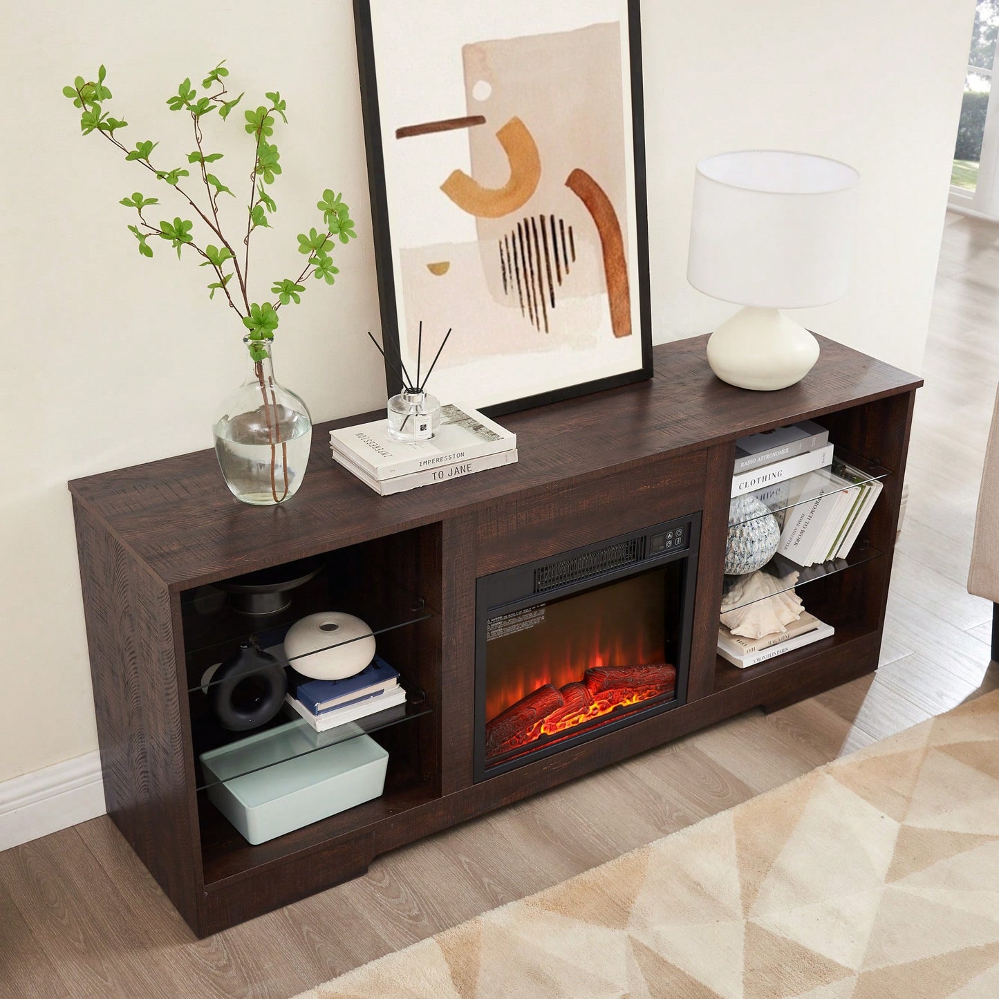 Modern TV Stand With Electric Fireplace And Glass Shelves For TVs Up To 62 Inches, LED Lighting And USB Charging Outlet, Oak Finish