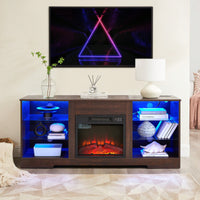 Modern TV Stand With Electric Fireplace And Glass Shelves For TVs Up To 62 Inches, LED Lighting And USB Charging Outlet, Oak Finish