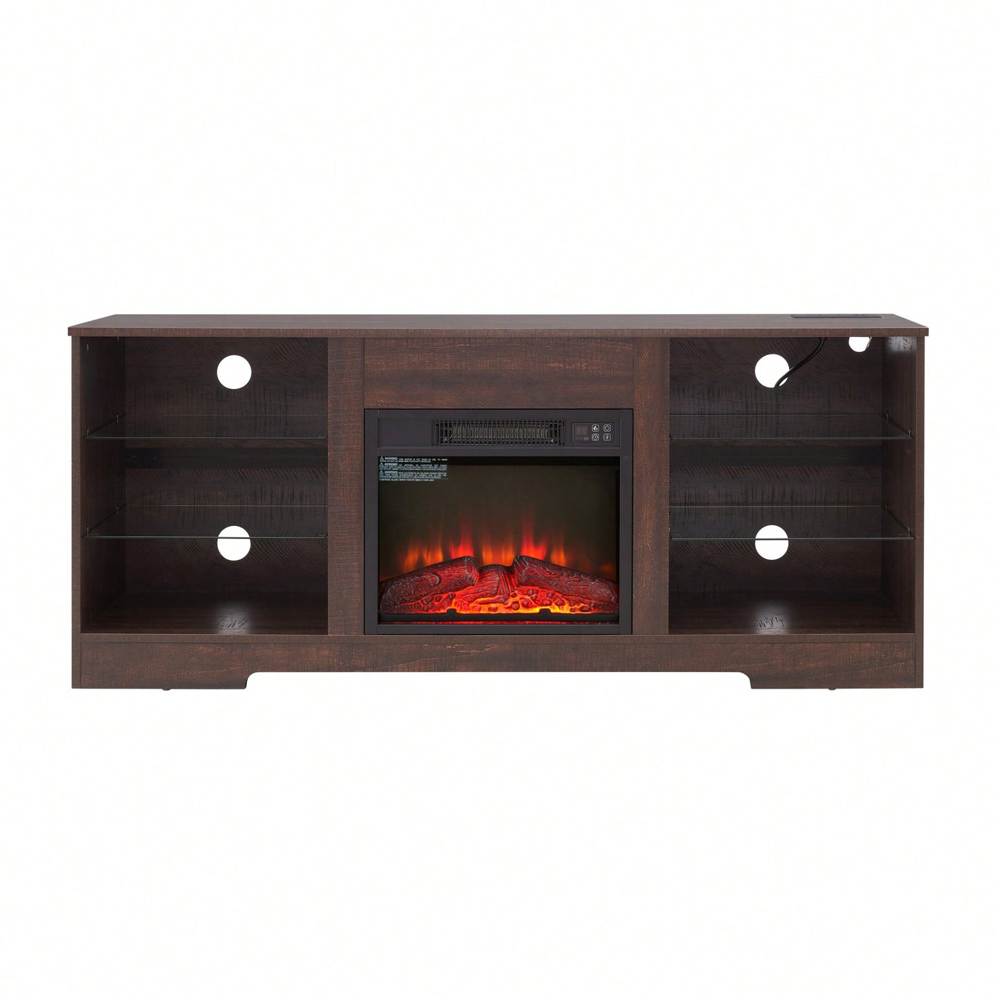 Modern TV Stand With Electric Fireplace And Glass Shelves For TVs Up To 62 Inches, LED Lighting And USB Charging Outlet, Oak Finish