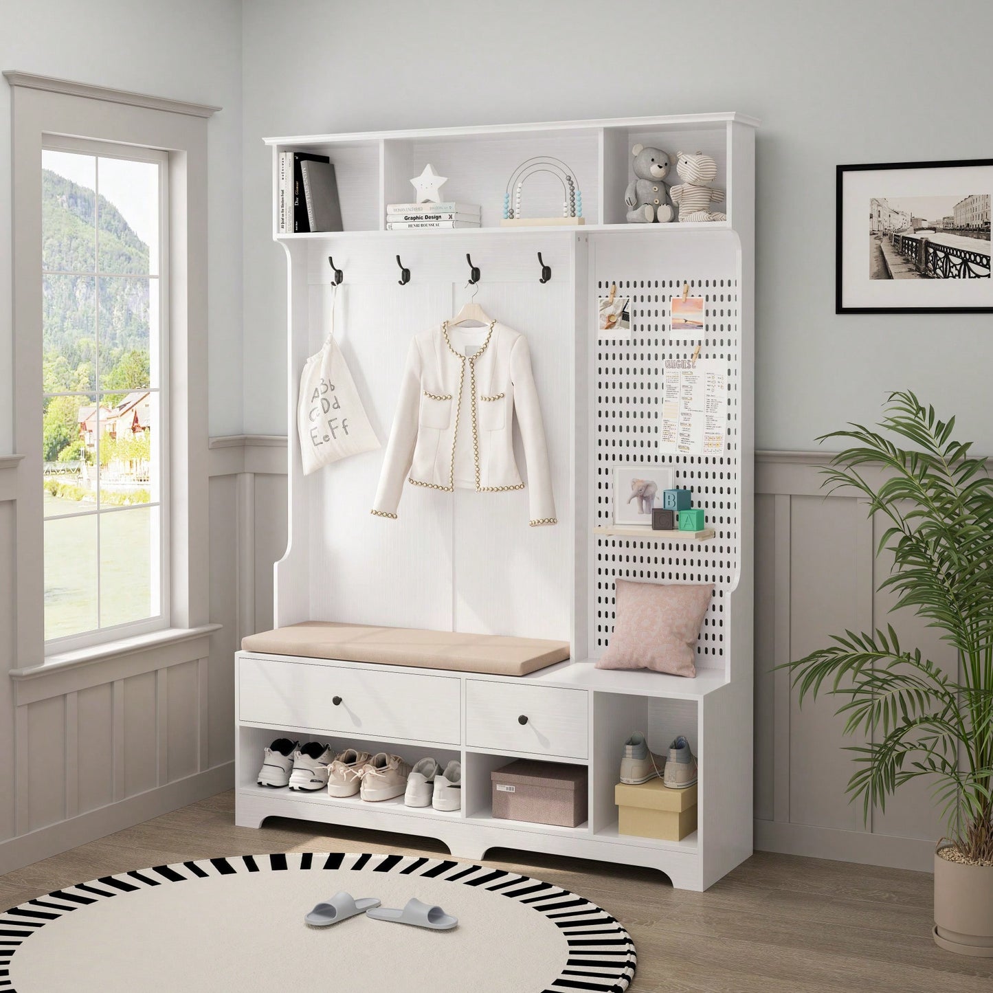 Versatile Hallway Storage Solution With Cushioned Bench, Coat Rack, Shelves, And DIY Pegboard For Entryway And Living Room, White