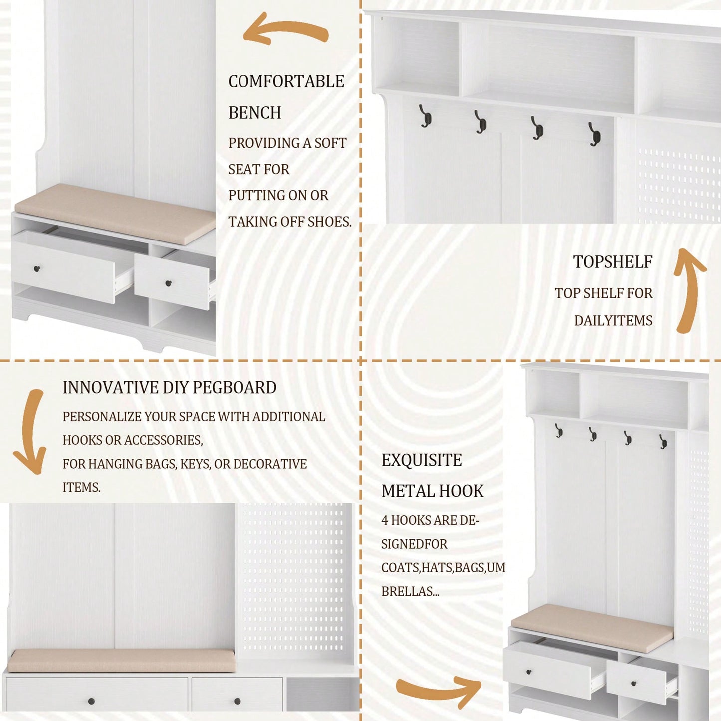 Versatile Hallway Storage Solution With Cushioned Bench, Coat Rack, Shelves, And DIY Pegboard For Entryway And Living Room, White