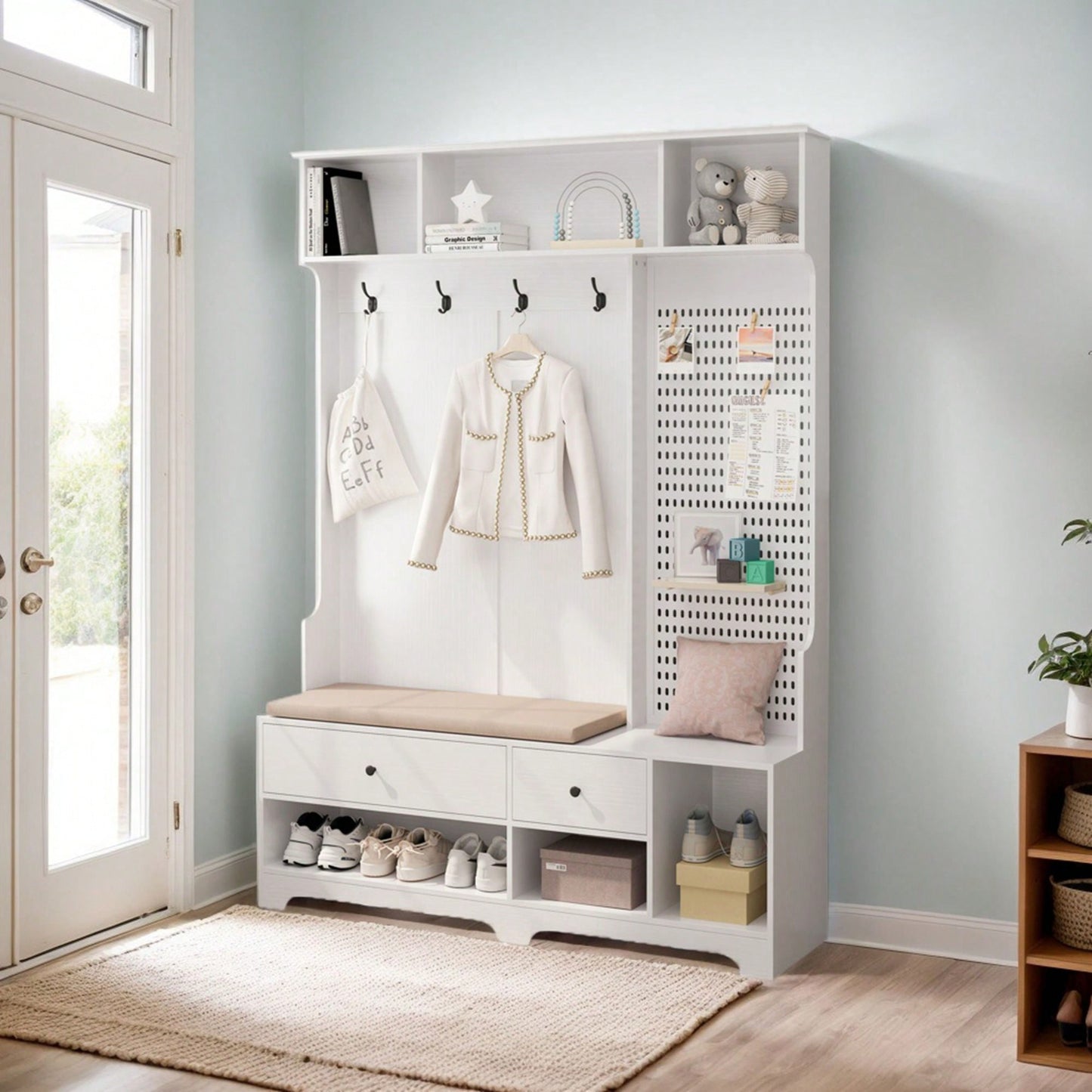 Versatile Hallway Storage Solution With Cushioned Bench, Coat Rack, Shelves, And DIY Pegboard For Entryway And Living Room, White