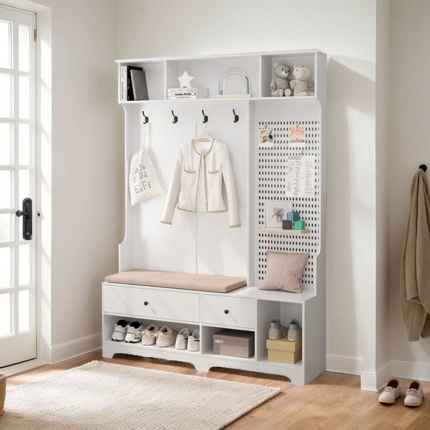 Versatile Hallway Storage Solution With Cushioned Bench, Coat Rack, Shelves, And DIY Pegboard For Entryway And Living Room, White