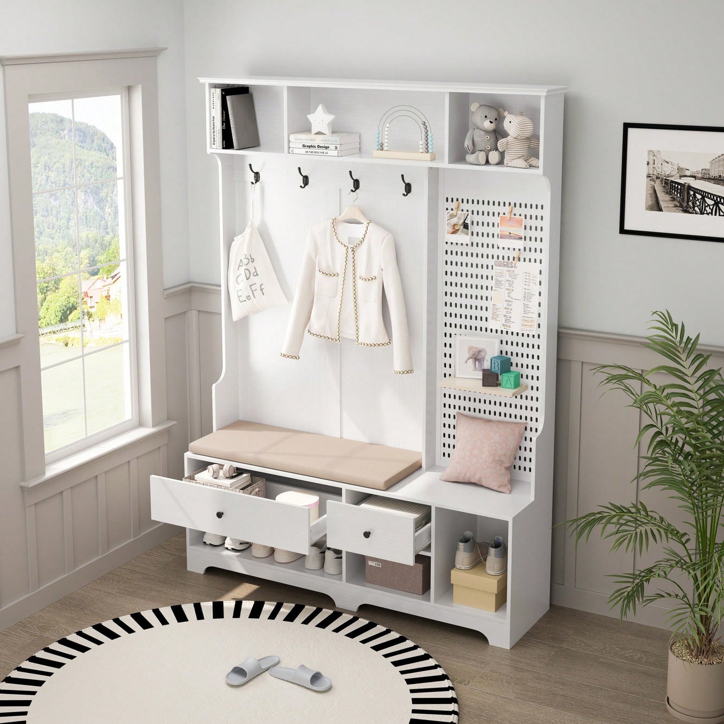 Versatile Hallway Storage Solution With Cushioned Bench, Coat Rack, Shelves, And DIY Pegboard For Entryway And Living Room, White