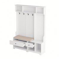 Versatile Hallway Storage Solution With Cushioned Bench, Coat Rack, Shelves, And DIY Pegboard For Entryway And Living Room, White