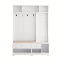 Versatile Hallway Storage Solution With Cushioned Bench, Coat Rack, Shelves, And DIY Pegboard For Entryway And Living Room, White