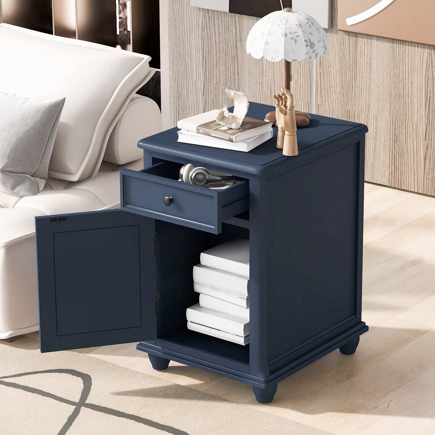 Antique Navy Side Table With USB Ports, Storage Cabinet And Drawer For Living Room