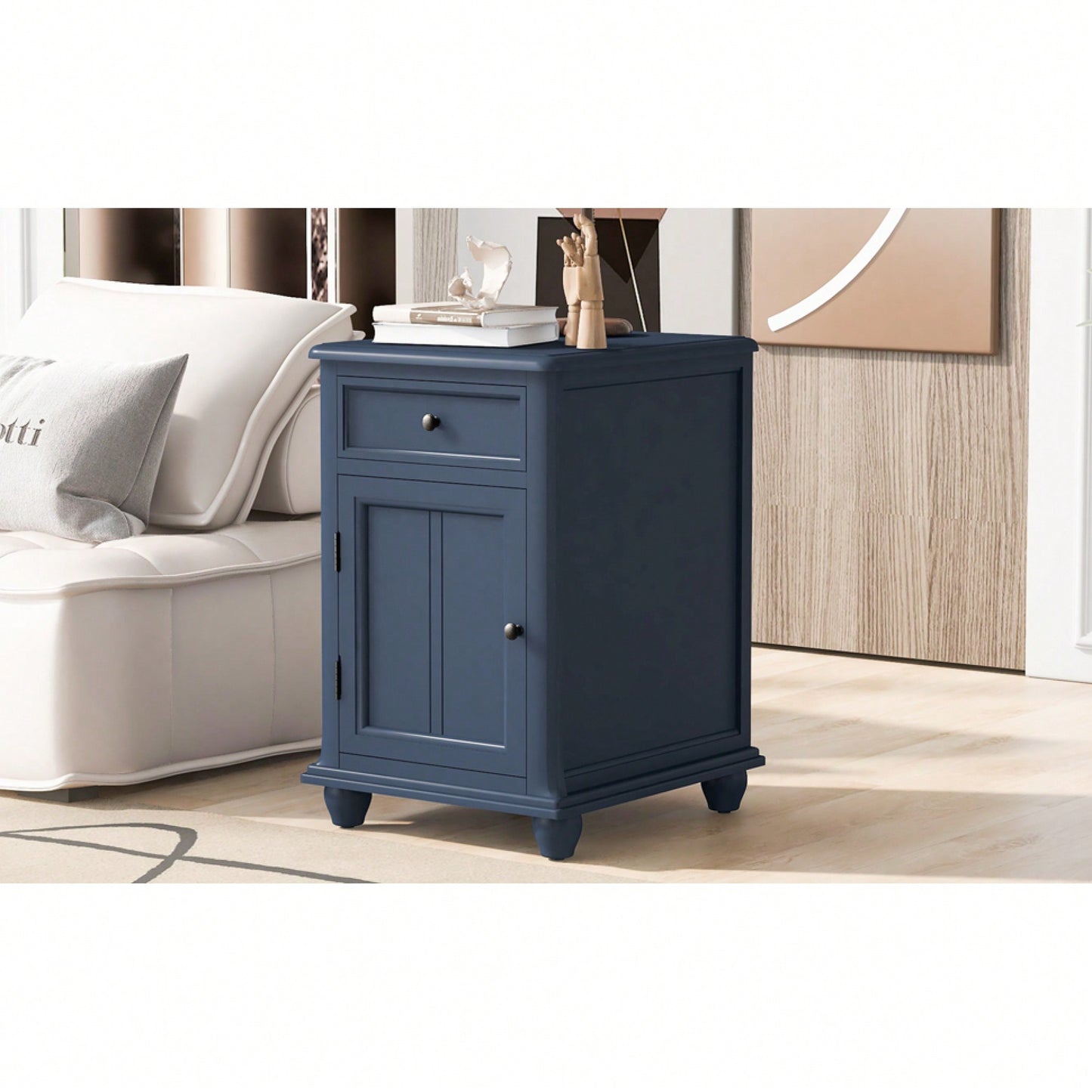 Antique Navy Side Table With USB Ports, Storage Cabinet And Drawer For Living Room