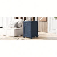 Antique Navy Side Table With USB Ports, Storage Cabinet And Drawer For Living Room